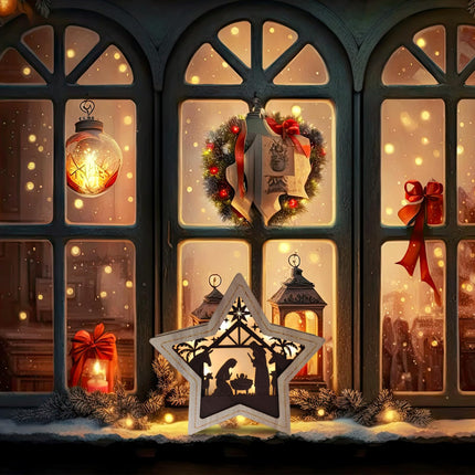 2 in 1 Nativity Scene Sets Christmas Tree Star Topper Lighted - 3D Wooden Star Shaped Festive Ornament with LED Light for Christmas Tree Table Tiered Fireplace Mantel Indoor Outdoor Christmas Decor