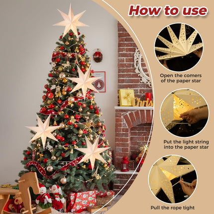 24 Inch Paper Star Lantern with 8 Mode 60 LEDs Firework Fairy Lights, 7 Points Paper Star Lantern Foldable, Hollow Out Star Hanging Decoration for Indoor Outdoor Room Wedding Christmas - 2 Pack