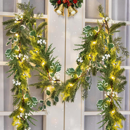 6.6 Ft Christmas Garland Prelit with 20 LED Lights, Battery Powered with Timer, Lighted Garland with White Berries for Mantle Stairs Wall, Indoor&Outdoor Pine Garlands for Christmas Decorations
