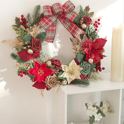 Christmas Flowers Artificial,Red Poinsettias Artificial Christmas Flowers and Greenery Deluxe Combo Set for DIY Tree Ornaments Xmas Wreath Floral Arrangements Centerpieces