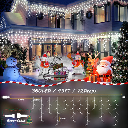 360LED 49FT Christmas Lights Outdoor Decorations with 72 Drops, 8 Modes String Lights, Plug in Waterproof with Timer and Memory Function for Christmas House Fence Party Decor (Cold White)
