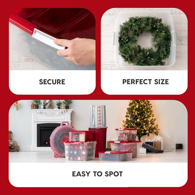 IRIS USA 33 Quart Christmas Wreath Storage Container Box with Lid, 3-Pack, Stackable Under Bed Storage Organizer Bin with Latching Buckles for 20" Wreaths Christmas Decorations Garlands, Clear/Red