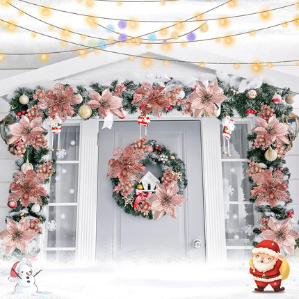 36 Pcs Christmas Poinsettia Flower 3 Styles Glitter Artificial Poinsettia Flowers Glitter Berries Stems Wedding Xmas Tree Flowers Ornaments for Christmas Party DIY Wreath Floral Decorations(Rose Gold)