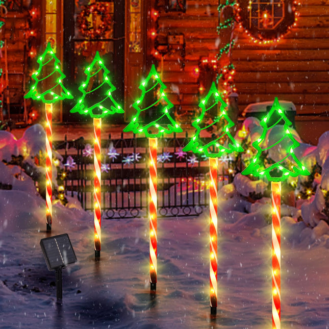 Solar Christmas Lights 5 Pack Solar Outdoor Christmas Tree with 8 Lighting Modes Christmas Pathway Lights Walkway Christmas Lights IP65 Waterproof Christmas Outdoor Decorations for Yard Garden Sideway
