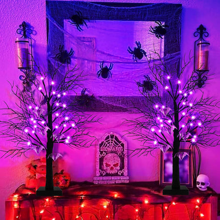 Agusbagli 2 Pack 24 Inch Black Halloween Tree Decor with Timer, Twigs Tree with 24 Purple Lights DIY 12 Spiders & 6 Bats Battery Operated Tabletop Artificial Spooky Tree Halloween Decorations for Home