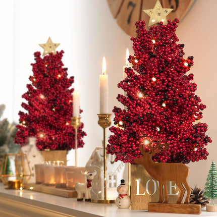KI Store Lighted Red Berry Tree Tabletop Tree 16-Inch Potted Red Berry Christmas Tree with Lights and Timer for Xmas Party Table Centerpieces