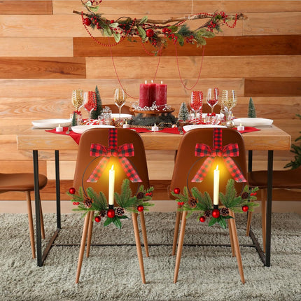Lighted Christmas Kitchen Cabinet Wreath with Ribbon Bow Xmas Wreath LED Lights Farmhouse Artificial Cabinet Hanging Artificial Wreath Christmas Decorations for Door Wall Christmas Party