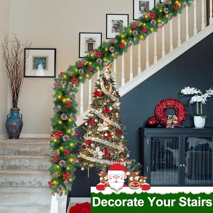[ 2 Pack & Timer ] 9 Ft by 10'' Prelit Christmas Garland Decorations 100 LED Lights 8 Modes Battery Operated 300 Thick Tips 198 Red Berries 18 Pine Cones Xmas Garland Decor Indoor Outdoor Home Mantle