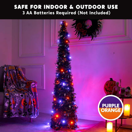 JOIEDOMI 5 FT Halloween Tree Outdoor Halloween Decorations with Timer 8 Modes, Pop Up Pencil Tree Tinsel Christmas Trees Collapsible Tree for Halloween Party Supplies Indoor Outside