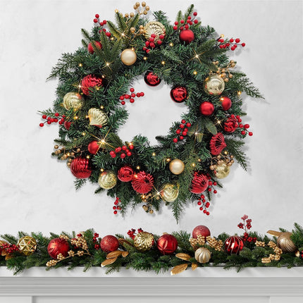 Christmas Lighted Wreath for Front Door, 28 Inches Pre-Lit 35 LED Lights, Red and Golden Artificial Holiday Wreath with Berries for Indoor Outdoor Home Decorations
