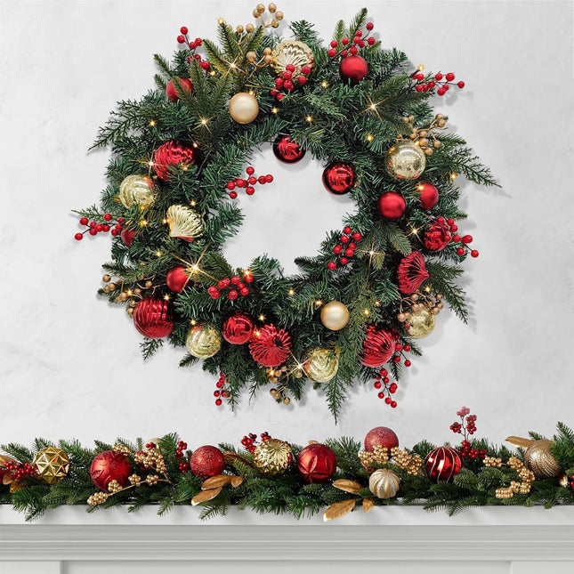 Christmas Lighted Wreath for Front Door, 28 Inches Pre-Lit 35 LED Lights, Red and Golden Artificial Holiday Wreath with Berries for Indoor Outdoor Home Decorations