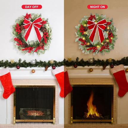 N&T NIETING 20 Inch Christmas Wreath with Lights for Front Door Pre-lit Wreaths with Bow Berries Pinecones Battery Operated 8 Lighting Modes Timer for Kitchen Wall Fireplace Indoor Outdoor Xmas Decor