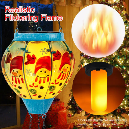 Christmas Hot Air Balloon Solar Lantern with Flame Decorations, Outdoor Waterproof Large Solar Hanging Snowman Lantern Xmas Glass Garden LED Light for Balcony Yard Patio Porch Decor