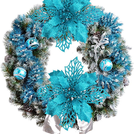 24 Pcs Christmas Teal Blue Glittered Mesh Holly Leaf Artificial Poinsettia Flowers Picks Tree Ornaments 5.9" W for Teal Blue Christmas Tree Wreath Garland Floral Winter Wedding Holiday Decoration