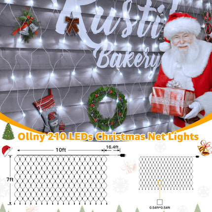 Ollny Net Lights Outdoor Mesh Lights 210LED 10x7ft, IP67 Waterproof Connectable Christmas Net Lights, 8 Modes Plug in Bush Lights for Tree Shrubs Outside Indoor Decorations, Cool White