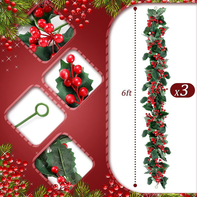 18 ft Red Berry Christmas Garland Artificial Berry Garland Xmas Decorations Indoor Outdoor Farmhouse Pine Leaves Winter Garland for Home Christmas Holiday Year Decor (Unlighted)