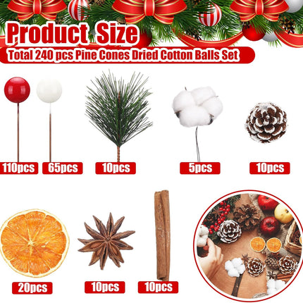 240 Pcs Christmas Pine Cones for Crafts Dried Cotton Balls,Dried Orange Slices and Cinnamon Sticks,Star Anise,Wreath Garland Making for Home Winter Wreath DIY Crafts Decorations Supplies