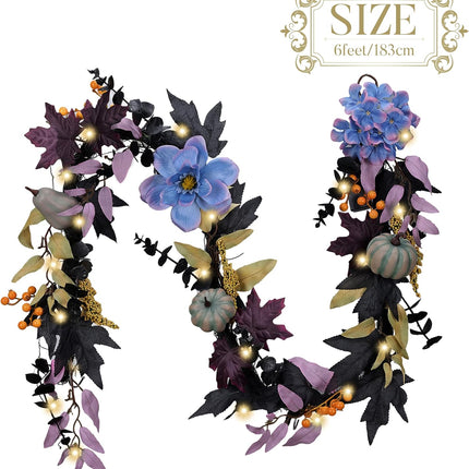 Valery Madelyn Halloween Silk Flower Pumpkin Garland for Mantle with Lights, 6ft Falloween Garland Decorations Indoor for Fall Table Centerpiece Front Door Stair Autumn Party Holiday Home Decor
