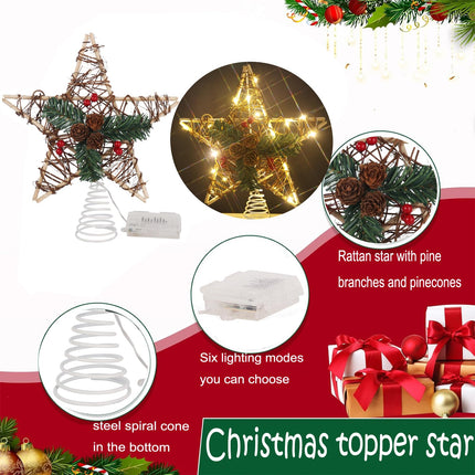 Rattan Christmas Star Tree Topper, 11.8" Natural Pinecone Christmas Tree Topper with 20 LED Lights Star, Tree Toppers Christmas Decorations for Christmas Tree Indoor Rattan Natural Xmas Decorations