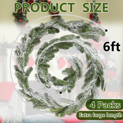Lyrow 4 Pcs Christmas Garlands Pine Garland Artificial Winter Snowy Greenery Garland White Cedar Garland Faux Indoor Outdoor Pine Garland for Mantel Fireplace Stairway Xmas Decorations(4 Pcs,6 ft)