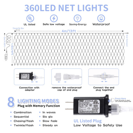 HEYFUNi Net Mesh Waterproof String Lights,360LED 13ft x 5ft Christmas Net Lights, 8 Modes,Connectable for Indoor Outdoor, Curtain,Garden,Christmas Tree, Bush, Party, Holiday, Wall Decor (White)