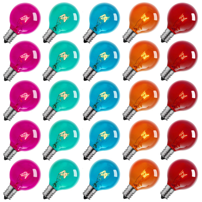 Brightown Multicolor G40 Christmas Replacement Light Bulbs, UL Listed 5 Watt E12 C7 Candelabra Base Glass Bulbs with Colorful Coating, Easily Screw in Strings Spools Strands, 25 Pack