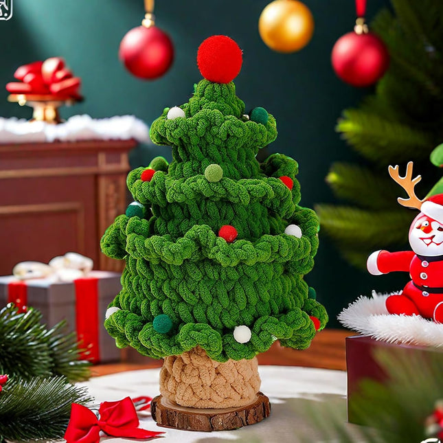 Mini Small Christmas Tree Handcrafted Knit Yarn Tabletop Christmas Trees with Adorable Pom Poms Wood Base Xmas Eve Festive Desktop Decor Cute Warm Holiday Accent Unique Handmade Idea