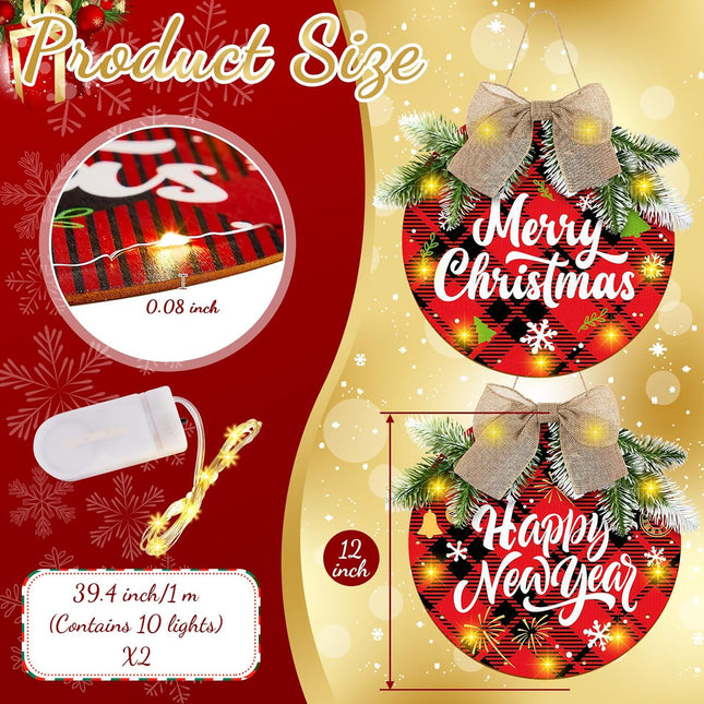 2 Sets Merry Christmas Wreaths Hanging Sign Wooden Buffalo Plaid Decorations, Welcome Wreath Sign for Front Door, Hanging Sign with Light for Farmhouse Porch and Kitchen Happy Years Decorations