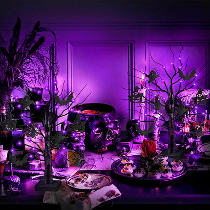 2 Pack 24 Inch Black Halloween Tree with 24 LED Purple Lights, Timer/USB/Battery Operated Halloween Table Decorations Lighted Tree, Cute Halloween Decorations Indoor Halloween Home Decor Party Room