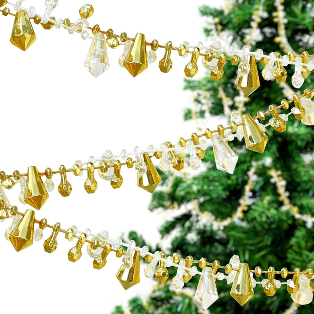 ULLIKI Sparkling Acrylic Diamond Christmas Decorations Set for Tree Ornaments, Beaded Garland Wreath Ribbon, Glass Crystal String, Table Party Wedding Door Window Hanging Decor (Gold-16.4 Feet)
