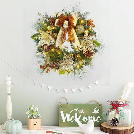 24 Inch Christmas Wreath with Lights, Battery Operated Outdoor Christmas Wreath for Front Door with 20 LED Lights Timer Gold Ball Ornaments Pine Cones and Bow for Home Holiday Decor