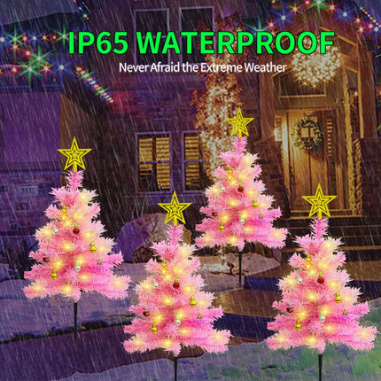 4-Pack Pink Solar Christmas Tree Outdoor Christmas Decorations, 80 LED Xmas Tree Solar Christmas Lights, Waterproof Small Pink Christmas Tree with Ball Ornaments for Front Porch,Patio, Yard, Pathway