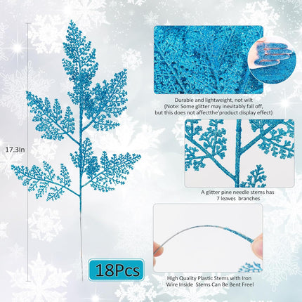 Christmas Artificial Pine Needles Stems 17.3In Glitter Branches Pine Leaves Picks Christmas Tree Filler Branches Fake Floral Twig Stems for DIY Garland Flower Home Wreaths Holiday Winter Decor(Blue)