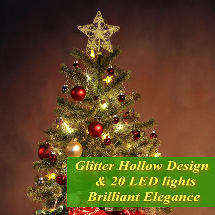 Glitter Gold Star Tree Topper, 3D Hollow Poinsettia Tree Toppers Christmas Decorations Battery Operated, Metal Christmas Tree Topper Star with Lights, Lighted Christmas Tree Star Topper