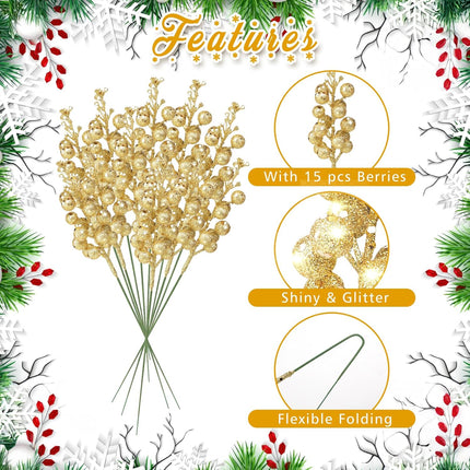 24 Pack Christmas Glitter Berries Stems, 11" Artificial Glitter Holly Berry Twig Ornaments, Glittery Picks Stems Branches for Christmas Tree Small Vase Holiday Party Decorations(Gold)
