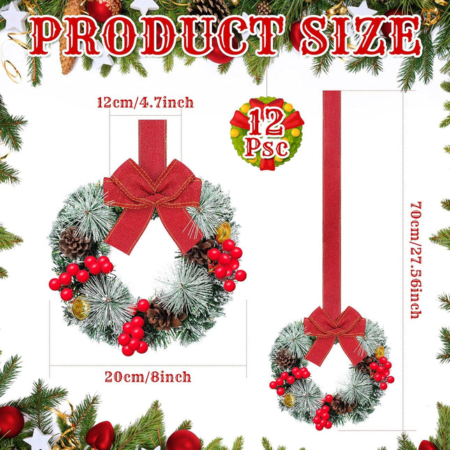 12 Pcs Cabinet Wreaths for Kitchen Mini Christmas Wreaths with Ribbon Small Christmas Farmhouse Wreaths Artificial Pine Cone Hanging Wreath for Front Door Window (Red)
