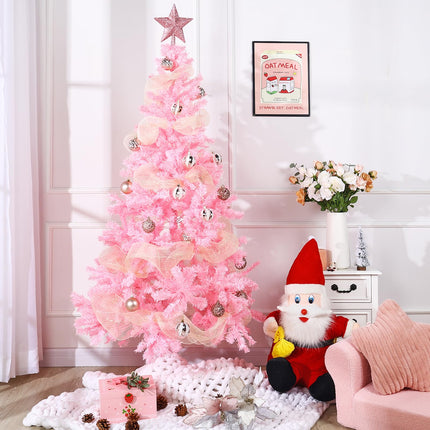 6ft Pink Artificial Christmas Tree: with Christmas Tree Balls Ornaments Shatterproof Xmas Bulbs & Decorative Mesh Ribbbon - Foldable Stand - Holiday Decoration for Party Indoor Home Xmas Tree Decor