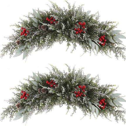 U'Artlines 2PCS Christmas Swag for Front Door, 27.5" Frost White Artificial Decorative Swag with Red Berry, Pine Cone, Berries for Window Wall Fireplace Mantle Home Holiday Xmas Decor Swag