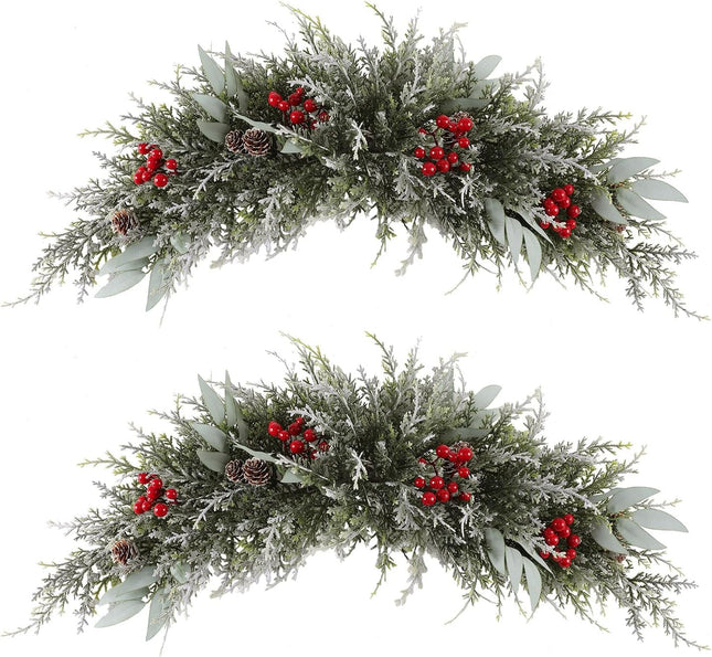 U'Artlines 2PCS Christmas Swag for Front Door, 27.5" Frost White Artificial Decorative Swag with Red Berry, Pine Cone, Berries for Window Wall Fireplace Mantle Home Holiday Xmas Decor Swag