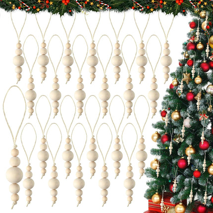 24 Pcs Christmas Wood Bead Ornament Boho Christmas Tree Ornaments Farmhouse Burlap Rope Natural Minimalist Wooden Decorations for Party Xmas Tree Hanging Wedding Home Garland DIY Crafts