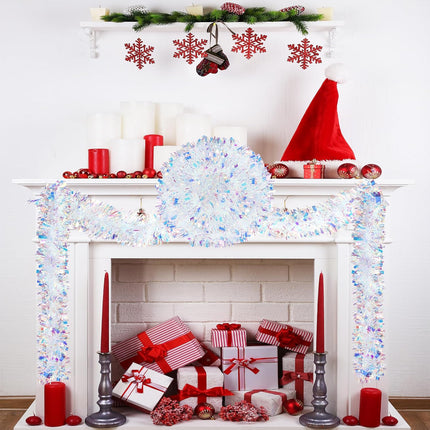 Sggvecsy 26.2Ft Christmas White Tinsel Garland Xmas Tree Decorations Christmas Iridescent Metallic Twist Garland Ceiling Hanging Decorations for Year Party Birthday Holiday Indoor Outdoor Supplies