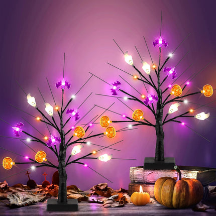 [Timer] 2 Pack 18" Black Halloween Tree, 48 LED Spooky Lighted Halloween Table Decor with Pumpkin Bat Ghost Lights, USB/Battery Operated Halloween Decorations Indoor Birch Tree for Home Party Mantle