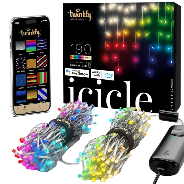 Twinkly Icicle – App-Controlled LED Christmas Lights with 190 RGB+W (16 Million Colors + Pure Warm White) LEDs. Clear Wire. Indoor and Outdoor Smart Lighting Decoration