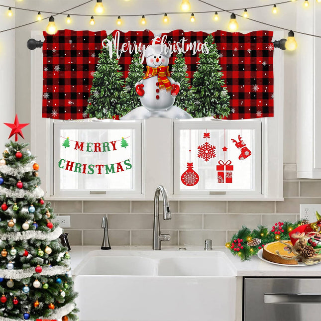 Christmas Valance for Windows Snowman with Xmas Tree Window Toppers Valances Rod Pocket 1 Panel Red Buffalo Plaid Check Window Treatments for Kitchen Bathroom Bedroom 54 x 18 inch