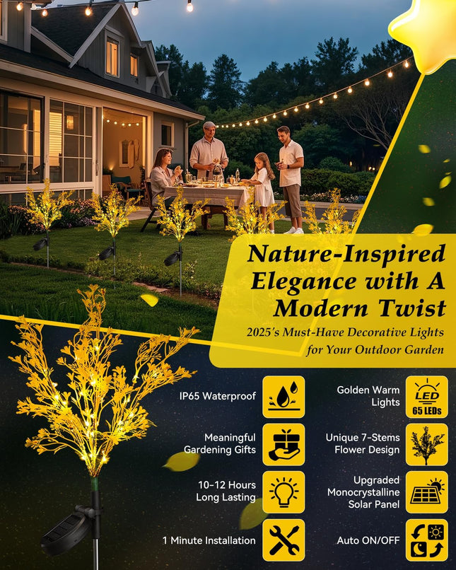 Neporal Solar Lights Outdoor Decorative 2PK, 7-Stems Golden Solar Flowers Outdoor Waterproof for Garden, Yard, Patio,Flower Pots - Gardening Gifts for Women