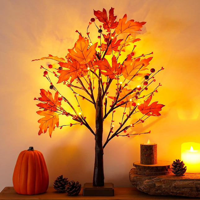24 Inch 24 LED Artificial Fall Lighted Maple Tree Lighted Fall Tree with Timer Battery/USB Operated, Fall Decor for Autumn Thanksgiving Harvest Fall Home Indoor