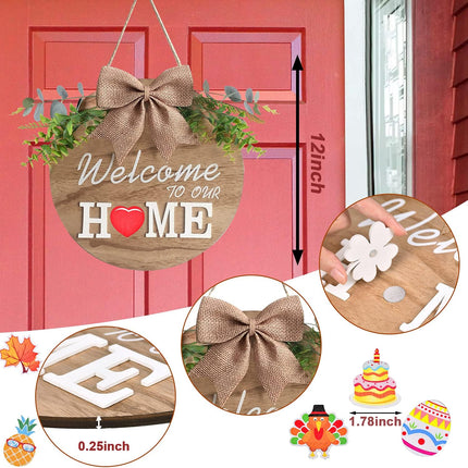 Interchangeable Welcome Home Sign, Seasonal Front Porch Door Decor With 21 Changeable Icons for Halloween /Christmas/Independence Day, Rustic Wood Wreaths Wall Hanger for Housewarming (12in)