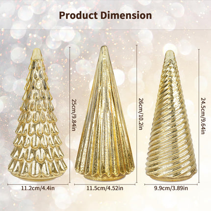 3pcs Lighted Golden Glass Christmas Trees, Glass Christmas Trees, Powered by Batteries，Christmas Table Decorations Lighted Xmas Tree for Living Room Fireplace Tabletop Party