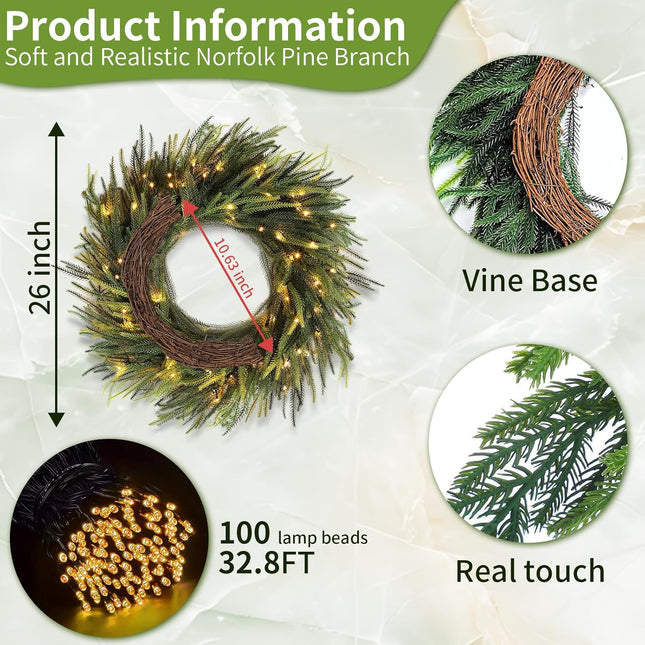 Christmas Decorations - 26 Inch Real Touch Norfolk Pine Wreath with LED Light, Christmas Wreath for Front Door, Artificial Pine Greenery Wreath Home Table Wall Window Indoor Outdoor Xmas Decoration