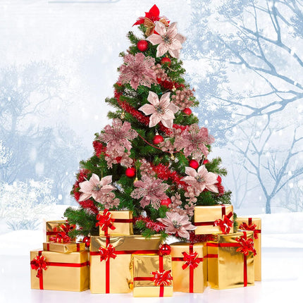 36 Pcs Christmas Poinsettia Flower 3 Styles Glitter Artificial Poinsettia Flowers Glitter Berries Stems Wedding Xmas Tree Flowers Ornaments for Christmas Party DIY Wreath Floral Decorations(Rose Gold)